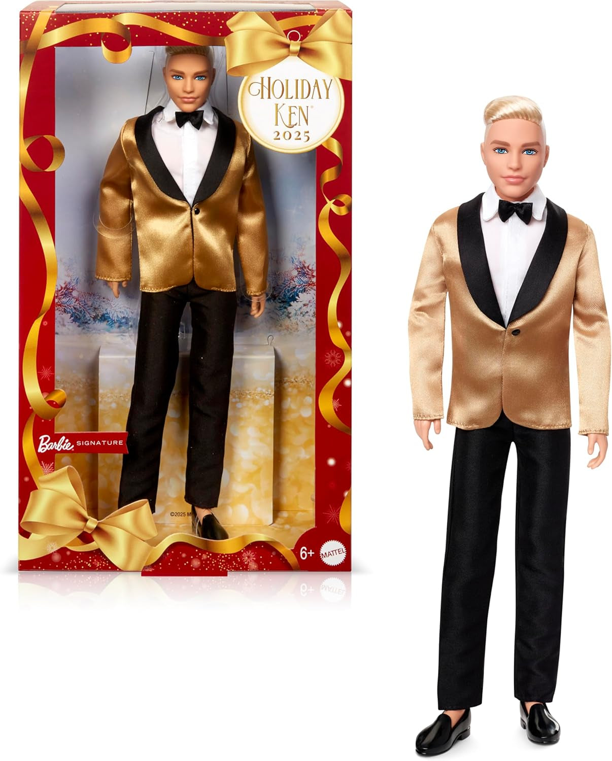 Barbie Signature Puppe, 2025 Holiday, dunkelhaarige Modepuppe mit Kleid in Silber und Gold, saisonale Sammlerpuppe in Einer Verpackung zum Ausstellen und mit Puppenständer, JBJ02