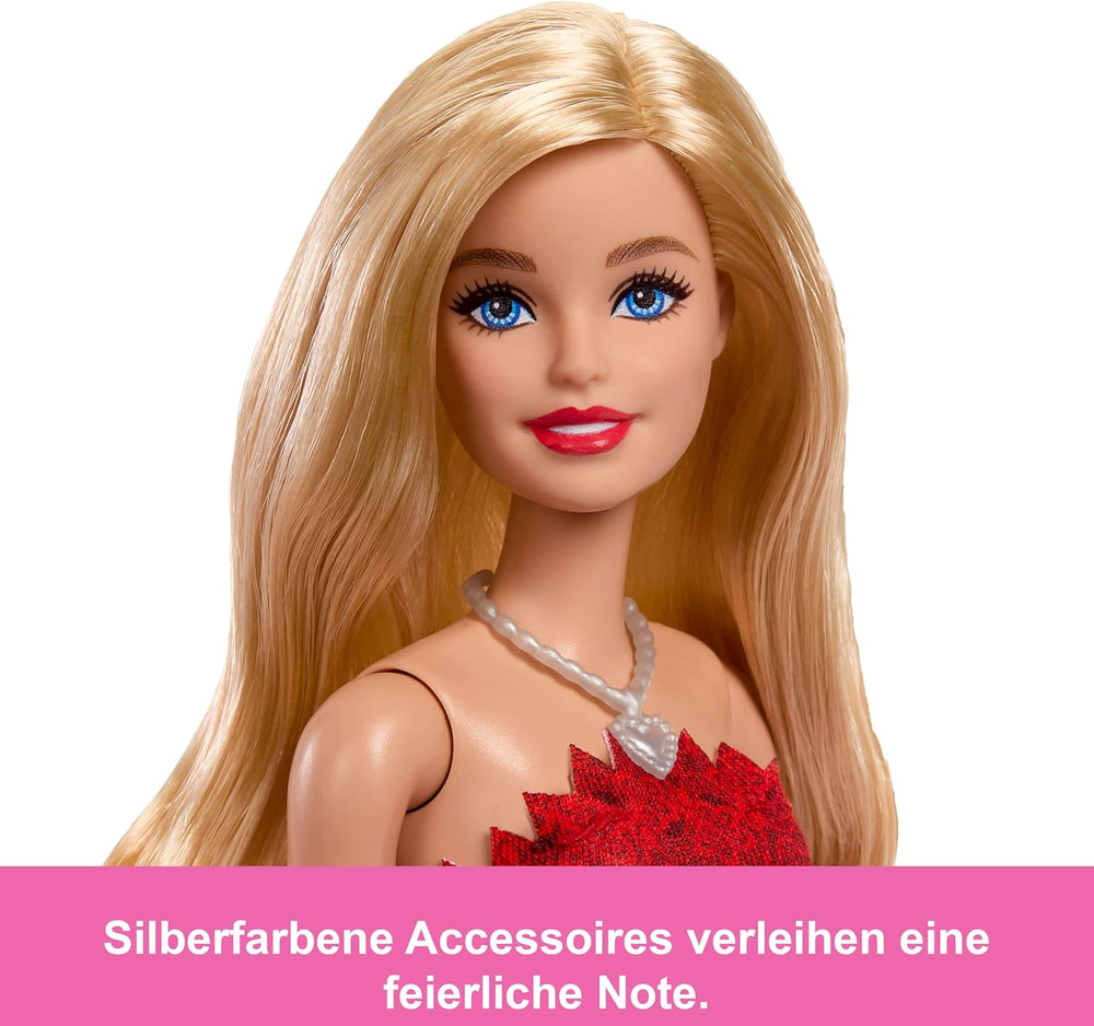 Mattel Rubinrote Blonde Barbie-Party-Modepuppe zum 80. Jubiläum roten Kleid mit silbernen Schuhen und Halskette, Sammelspielzeug, JGD25
