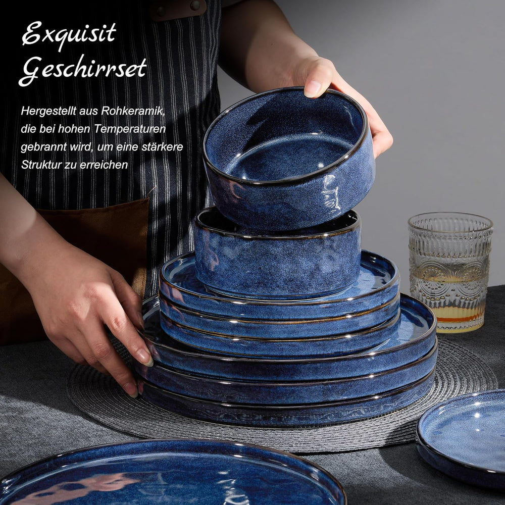 Set de veselă Homikit, set de veselă cu 12 piese pentru 4 persoane, serviciu de cină combinat cu farfurii, farfurii de desert și boluri pentru cereale, potrivit pentru cuptorul cu microunde și mașina de spălat vase, albastru elegant