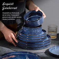 Set de veselă Homikit, set de veselă cu 12 piese pentru 4 persoane, serviciu de cină combinat cu farfurii, farfurii de desert și boluri pentru cereale, potrivit pentru cuptorul cu microunde și mașina de spălat vase, albastru elegant