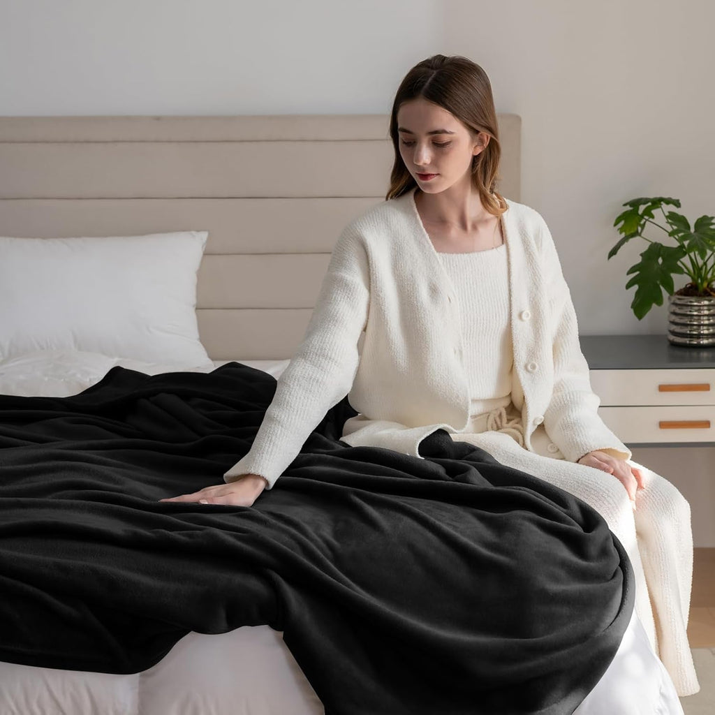 Pătură confortabilă Pătură pufoasă din fleece 130 X 150 cm Pături de pat Pătură de canapea Pături moi mari și aruncări pentru adulți Aruncări pentru canapele Cald Lavabil la mașină Negru Paturi si Cuverturi Good Nite