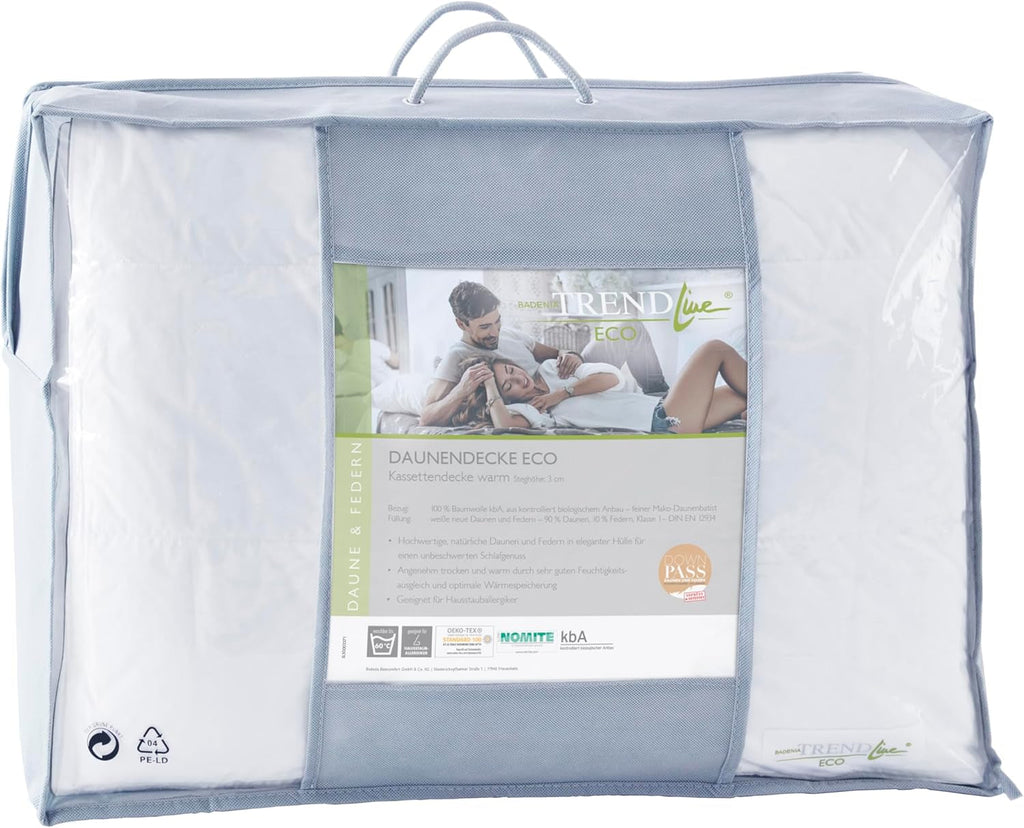 Badenia Trendline Eco plapumă caldă cu 90% puf și 10% pene clasa I, 135 X 200 cm, alb, certificat Öko-Tex, produs în conformitate cu standardul de calitate german Plapumi si pilote Naty Shop