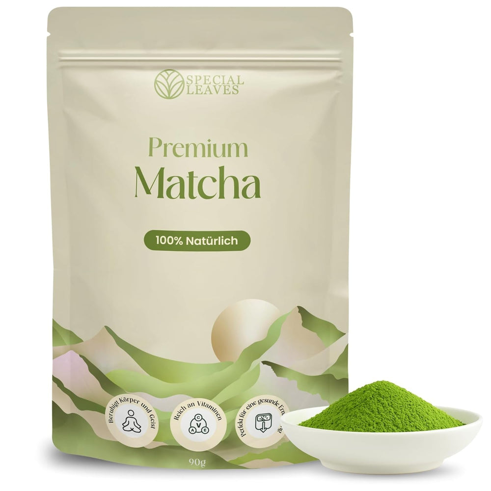 Pudră Matcha - 90 g - 100% naturală și măcinată fin - Pentru ceai și Matcha Latte - Fără aditivi - Calitate superioară din tradiția japoneză a ceaiului - Ceai verde premium de la Special Leaves