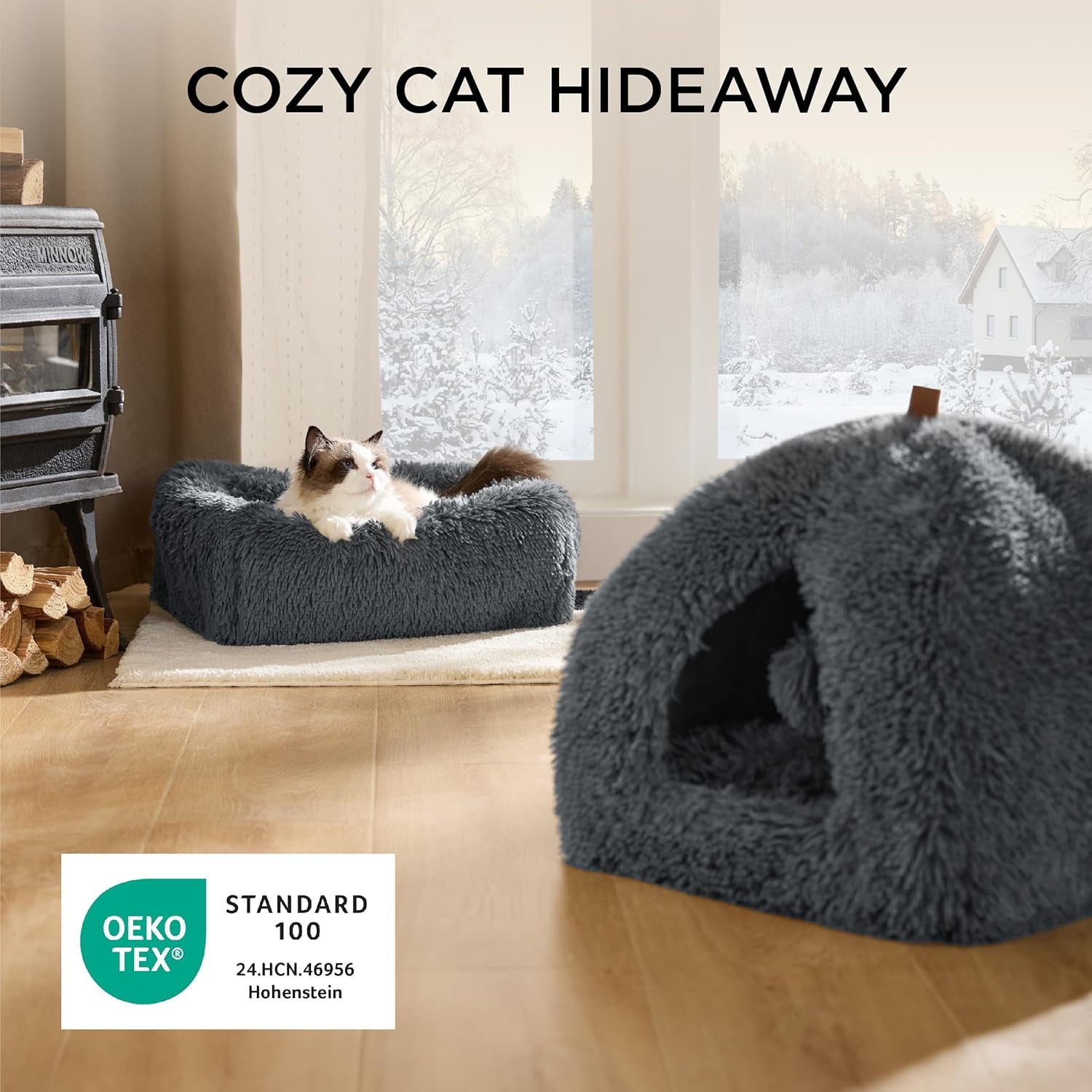 BEDSURE Katzenbett große Katzen Katzenhöhle- 44x44x44 cm Plüsch Katzenhaus Indoor mit abnehmbarem Katzenkissen und hängendem Spielzeug, Katzen Bettchen waschbar, dunkelgrau