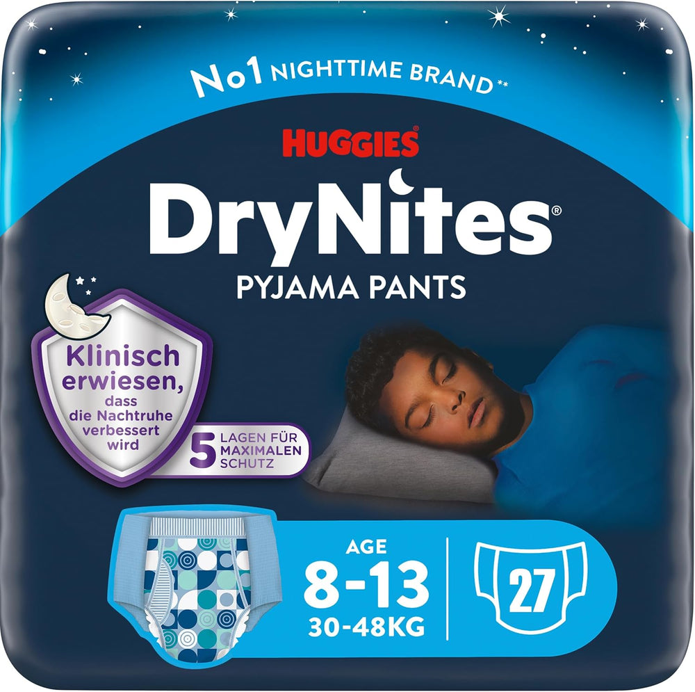 Huggies DryNites szuper nedvszívó éjszakai nedvesítő pelenkák fiúknak 8-13 éves korig (30-48 kg) 27 Count (3 x 9 Count) bugyi pelenkák