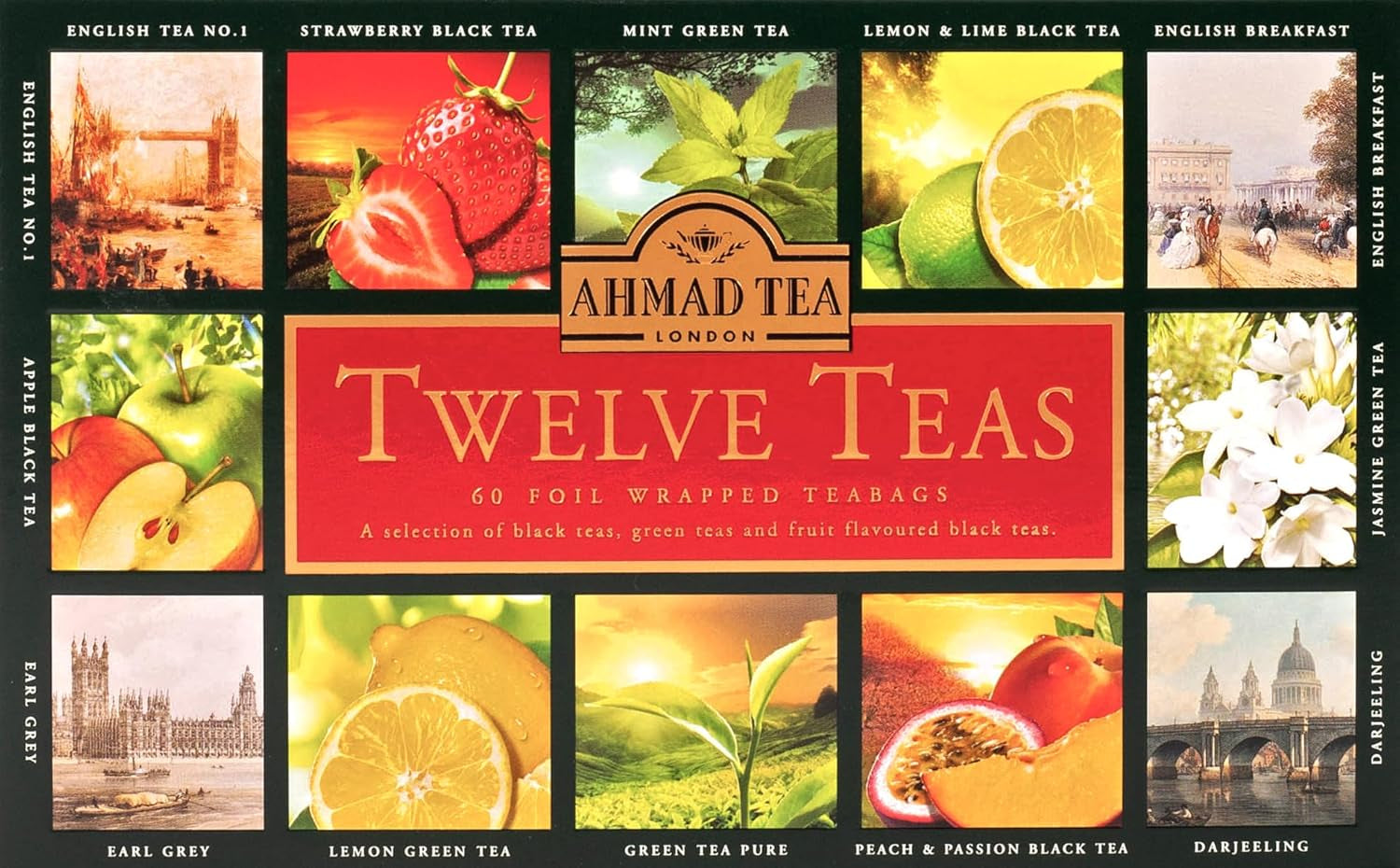 Ahmad Tea Twelve Teas – 12 sortimente de ceai negru și verde cu diferite arome – 60 pliculețe de ceai ambalate individual, sigilate pentru păstrarea aromelor, 120 g ceai
