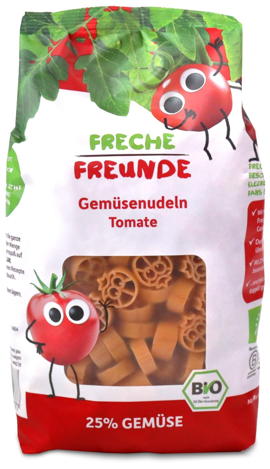 Tăiței vegetali organici Freche Freunde „Morcov”, cu 25% conținut de legume, vegani, pachet de 6 (6 x 300 g)