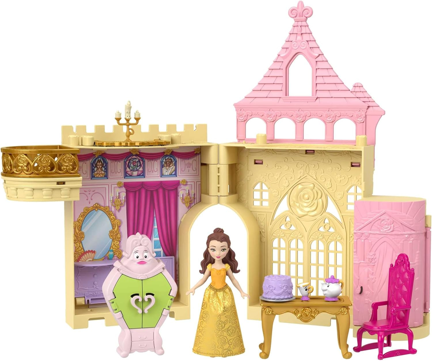 Mattel Disney Prinzessin Verwandlungs-Spielset Kutsche zu Schloss mit kleiner Puppe Aurora, 3 Ebenen, 6 Spielbereichen, 4 Figuren, Möbeln & Zubehör HWX17