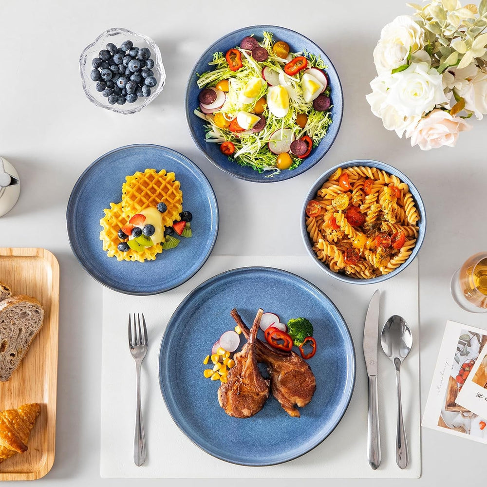 Steingut Geschirrset 6 Personen, vancasso ANYA Blau Teller Set Modern 24 teilig,Tafelservice mit Speiseteller, Suppenteller, Desserttellern, Schüsseln, Geschirr Set Spülmaschinen und Mikrowellenfest