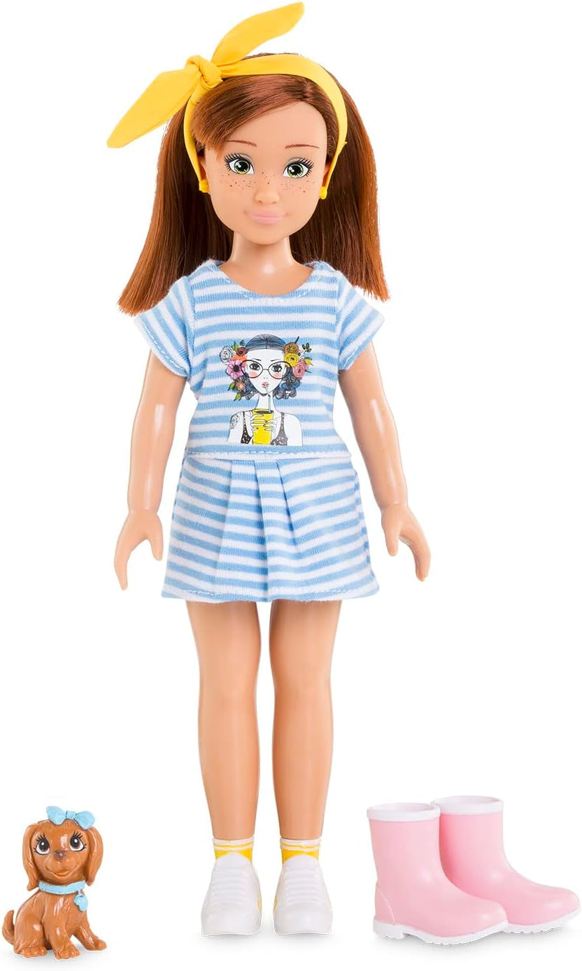 Corolle 9000600030 - Girls Luna Einhorn Set, Ankleidepuppe im Sommeroutfit mit Hund, mit Haarband, Ohrringe und extra Gummistiefel, 28cm Spielpuppe mit Vanilleduft, ab 4 Jahren