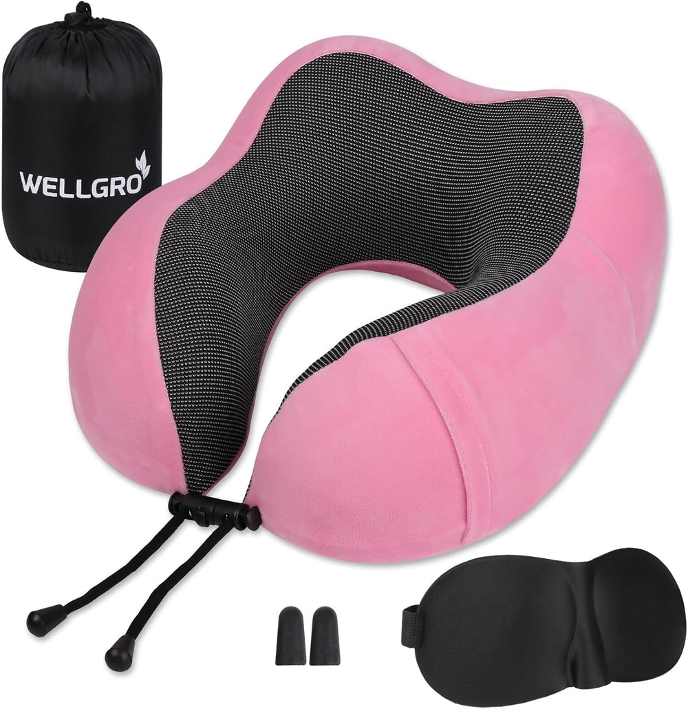 Set de perne pentru gât WELLGRO cu mască de somn 3D și dopuri pentru urechi - Husă detașabilă - Spumă cu memorie - Închidere cu fermoar - Inclusiv geantă de depozitare - Pernă de călătorie - Culoare selectabilă, Culoare:Gri Perne ortopedice cervicale Naty Shop Roz