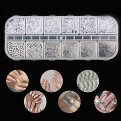 Nail Art Strasssteine 1 Schachtel, Nail Charms, 12 Typen Weiße Perlen Für Nägel, Flatback Rhinestones, Klein Edelstahl-Perlen, Nagel Deko, Nagel Zubehör