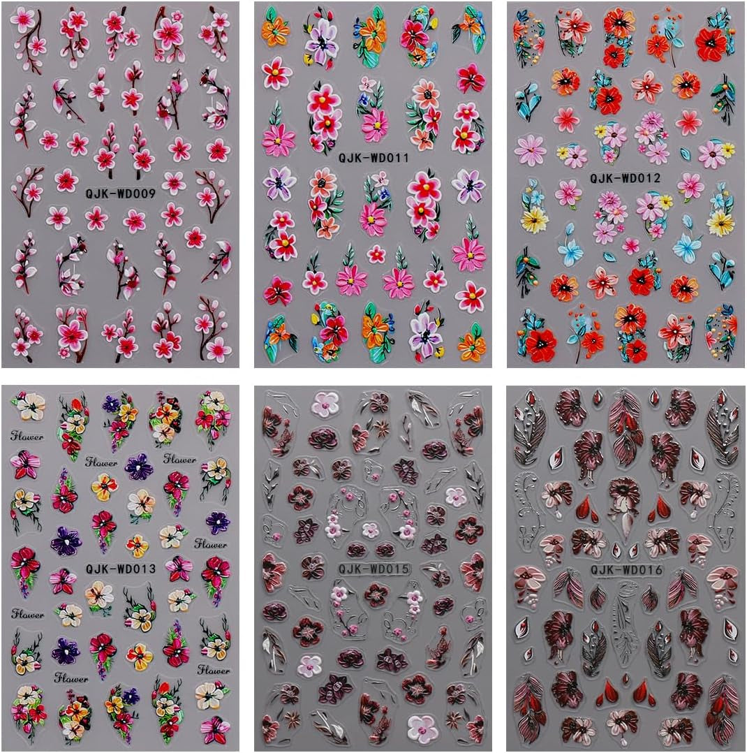 JMEOWIO Nagelsticker Blumen 6 Blatt Nail Art Sticker Selbstklebend Nagelaufkleber Sommer Blumen Dekoration Nageldesign Zubehör