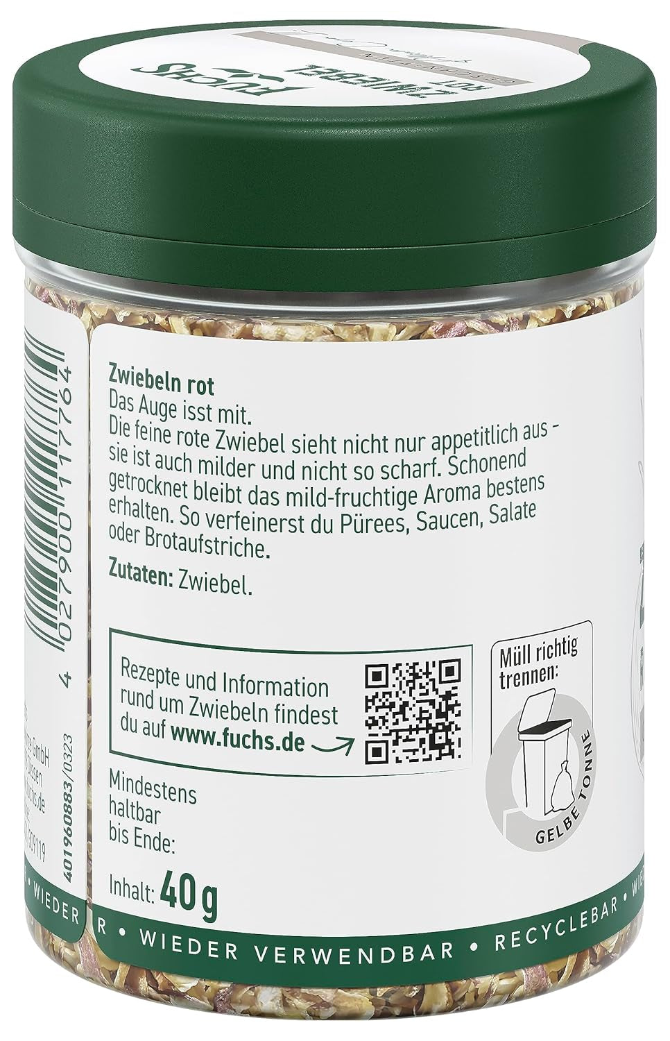 Fuchs Gewürze - Zwiebel rot geschnitten - Gewürz für Pürees, Salad oder Brotaufstriche - természetes összetevők - 40 g wiederverwendbarerben, recyclebarer Dózis