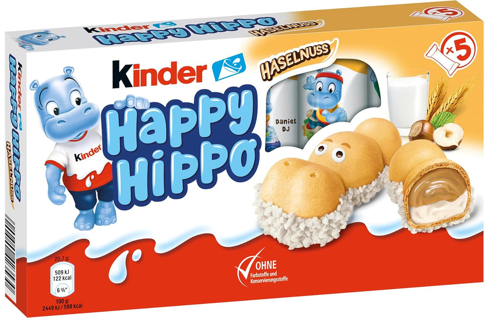 Kinder Happy Hippo Hazelnut – Különleges ropogós ostyák tejjel és mogyorókrémmel – Farsangi és Mardi Gras édességek – 1 csomag 5 db 20,7 g-os szeletet tartalmaz