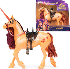 Unicornul Cinder de la Unicorn Academy - 28 cm înălțime, unicorn original de Valentina din serialul Netflix, cu coamă și coadă reale, frâu și șa detașabile și perie, pentru copii cu vârsta de 4 ani și peste