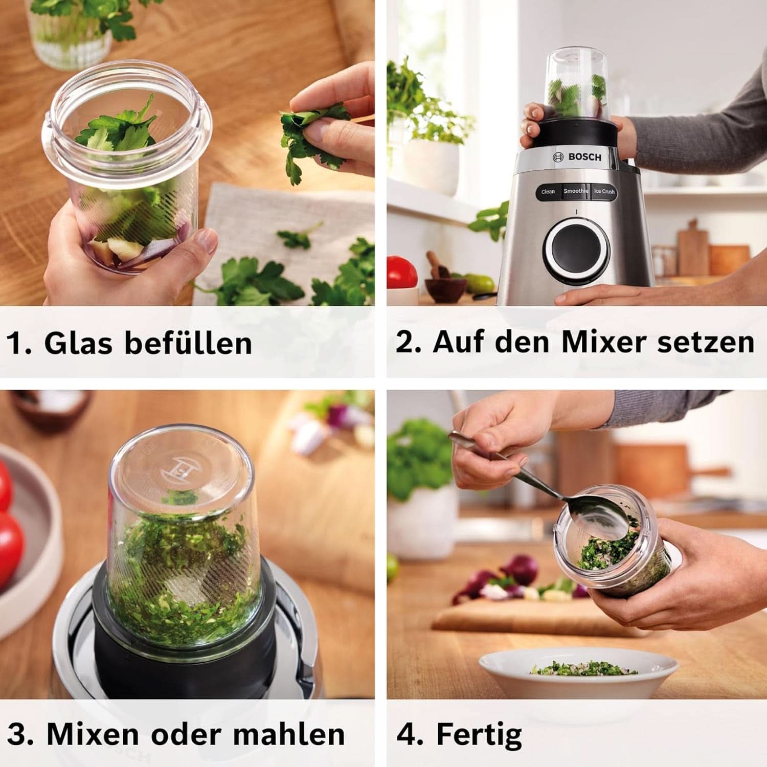 Bosch Standmixer Vitapower Serie 4 MMB6177S, Edelstahl-Klingen Made in Germany, 1,5L Thermosafe Glasbehälter, 0,6L To-Go-Flasche, Stopfer, Universalzerkleinerer, 30 000 E/perc, 1200 W, Shop Silver Kitchen Naty