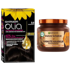 Garnier Colour & Care Set: Olia 3.0 Dark Brown Permanent Hair Colour + Repairing Hair Treatment (340ml) | Cu miere de acacia și ceară de albine pentru strălucire și suplețe | Fără amoniac Vopsea pentru par Naty Shop Titlu implicit