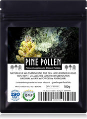 PINE POLLEN (Pinien Pollen) - Natürliche Wildsammlung | Top-Qualität Vom Nr.1-Original | 100% Rein + Laborgeprüft Auf Schadstoffe | GMP + ISO-9001 Zertifiziert | Frisch Geerntet | Roh Vegan | 100G