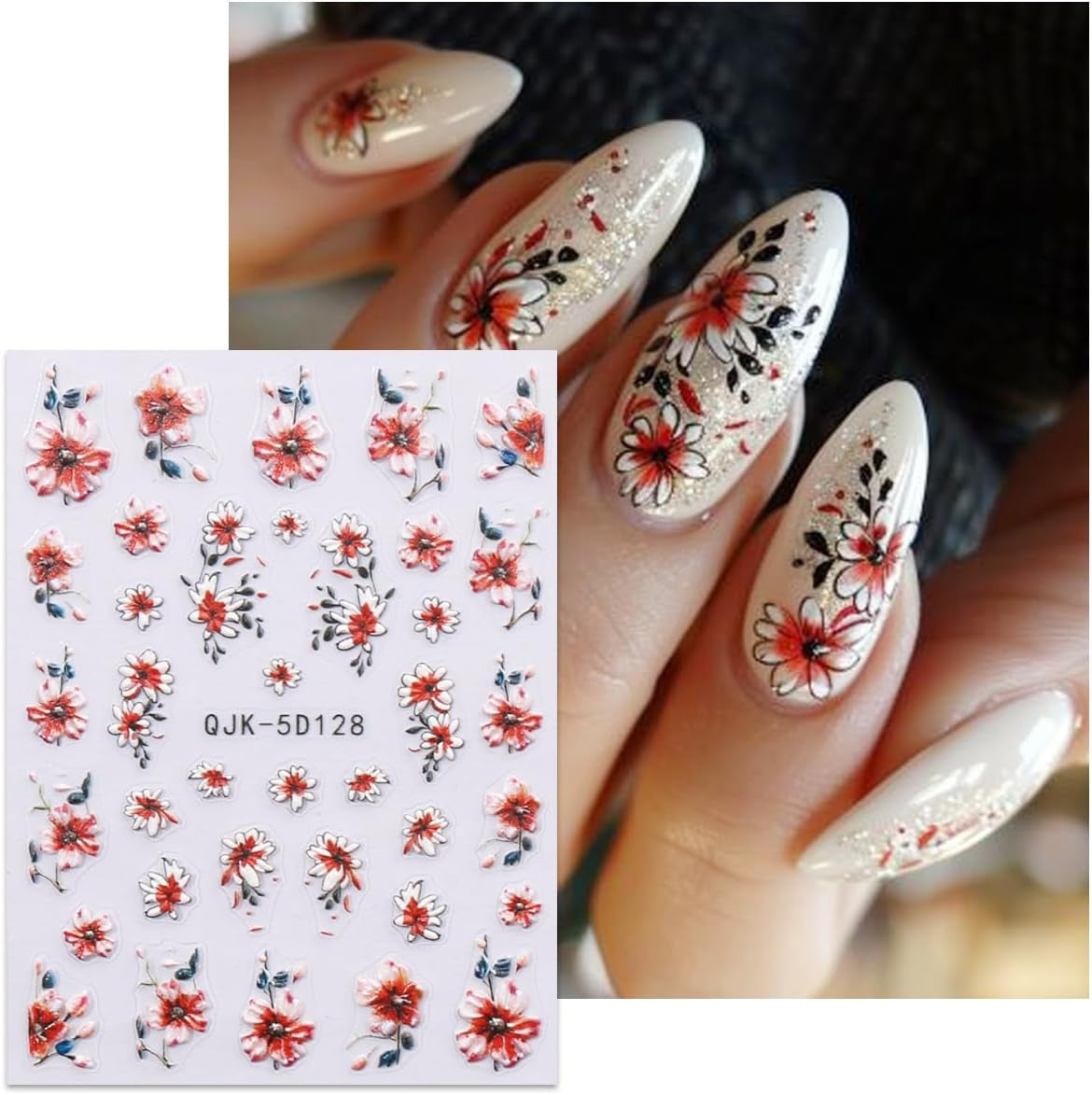 JMEOWIO 3D Nagelsticker Blumen Nail Art Sticker Selbstklebend Nagelaufkleber 5D Stereoskopisch Frühling Sommer Dekoration Nageldesign Zubehör 4 Blatt