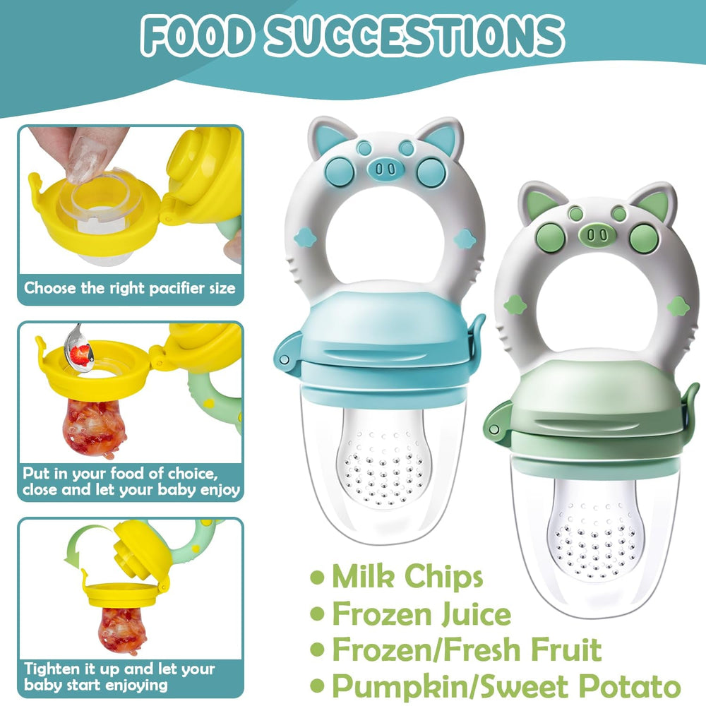 Hrănitoare cu fructe pentru bebeluși, pachet de 2 suzete cu fructe pentru bebeluși de la 3 luni în sus, versiune îmbunătățită 2023, suzete umplubile, suzete din terci, suzete cu fructe pentru bebeluși, fără BPA, 8 tetine din silicon în 3 dimensiuni