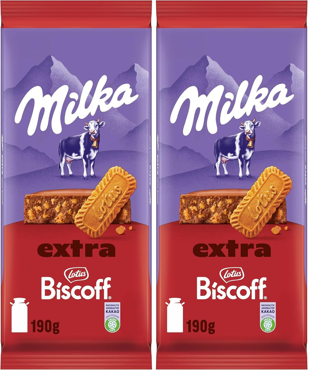 Milka Extra Biscoff Chocolate – alpesi tejcsokoládé ropogós Lotus Biscoff kekszdarabokkal – 190g
