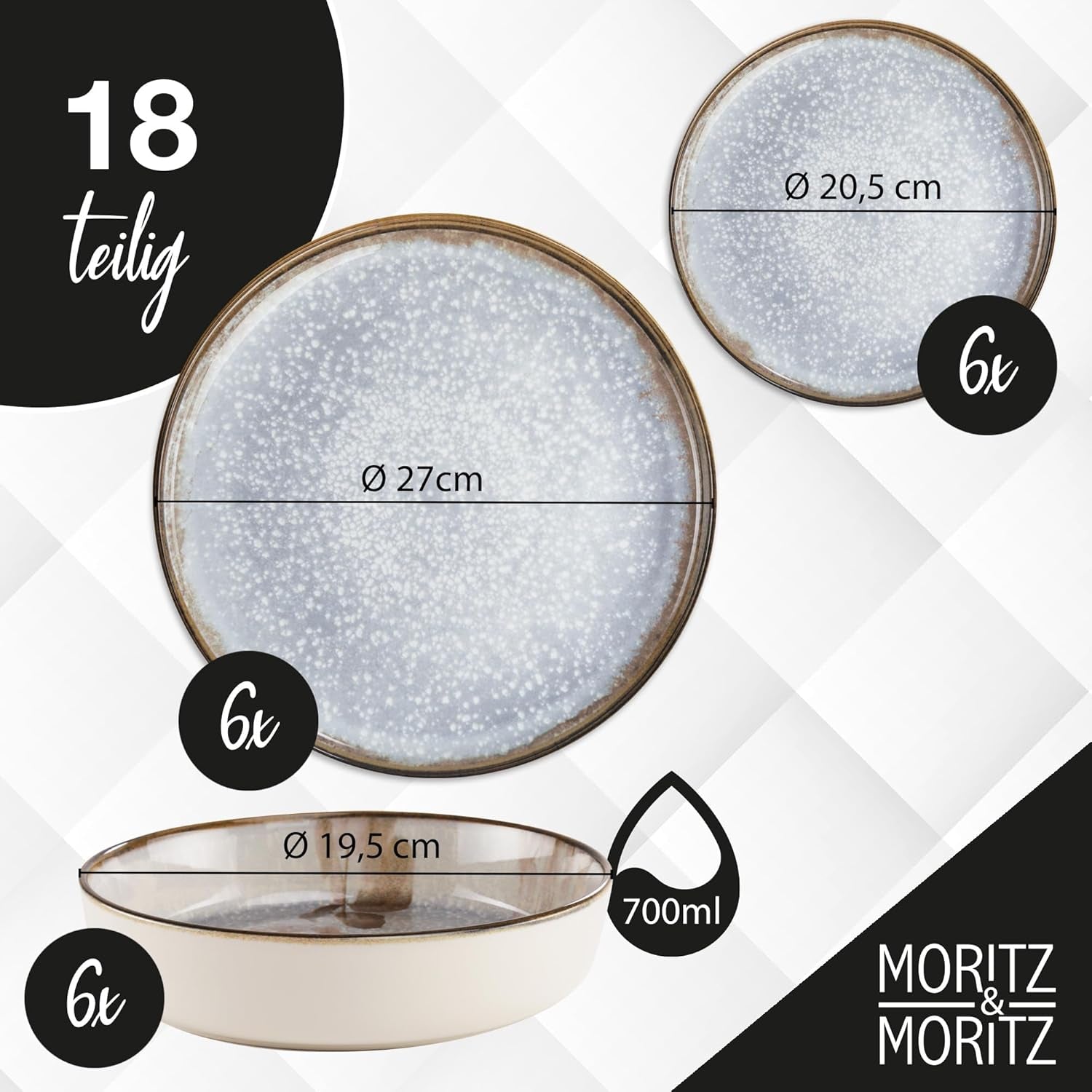 Set de veselă din porțelan Moritz & Moritz BLOSSOM pentru 6 persoane, 18 piese - Veselă modernă cu design jucăuș - Serviciu de cafea ușor de întreținut cu farfurii și boluri - Serviciu combinat