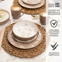 Set de veselă din gresie Moritz & Moritz MARIELLA pentru 6 persoane, 24 de piese - Veselă modernă bej cu un design jucăuș, serviciu de cafea ușor de întreținut cu farfurii, boluri și cești - Set combinat