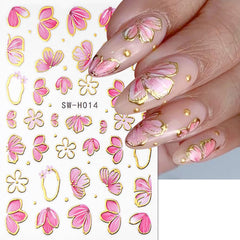 Gold Linie Schieber Rosa Nagelsticker Blumen 3D Flower Nail Sticker Sakura Blütenblätter Blumen Nagelaufkleber Frühling Sommer Floral Nagel Sticker Flowers Nagel Stickers Nageldesign Zubehör Nail Art