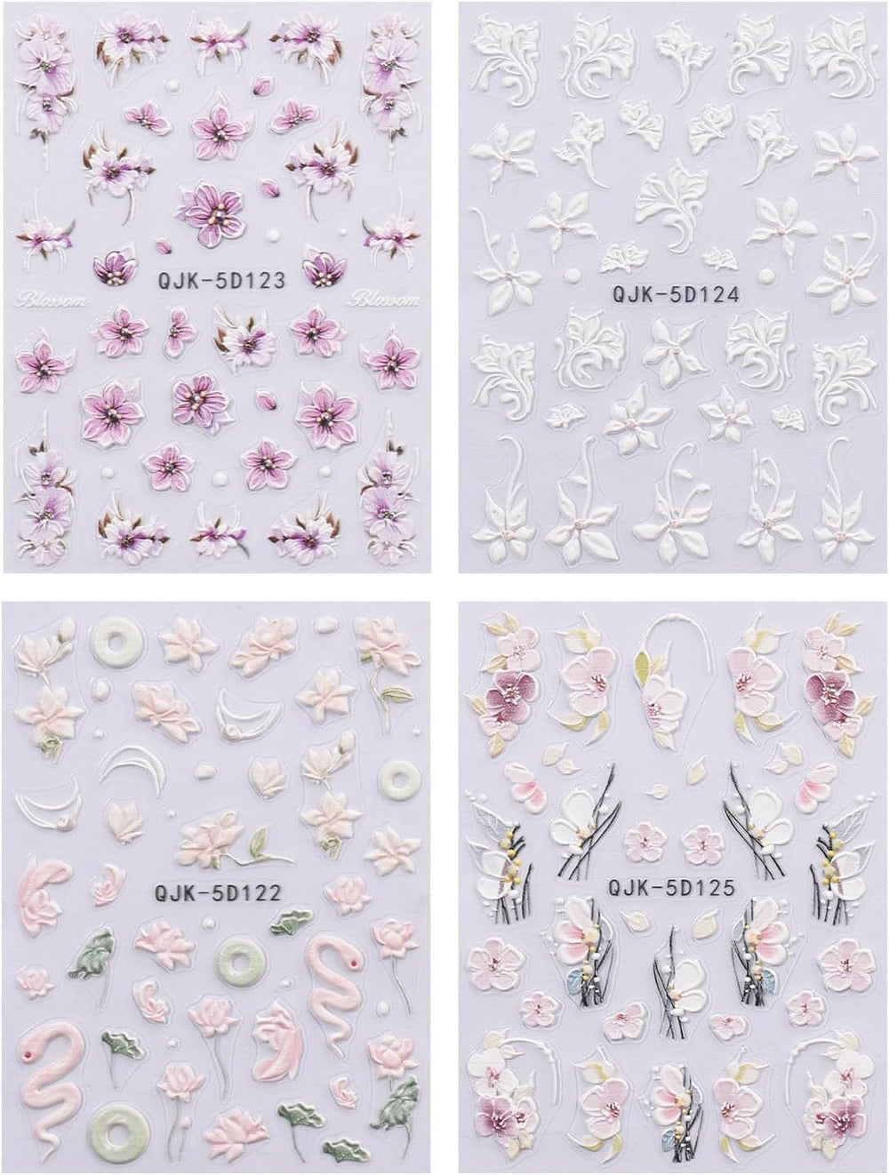 JMEOWIO 3D Nagelsticker Blumen Nail Art Sticker Selbstklebend Nagelaufkleber 5D Stereoskopisch Frühling Sommer Dekoration Nageldesign Zubehör 4 Blatt