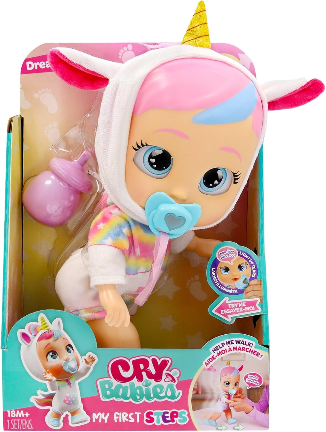 CRY Babies Dreamy Interaktív Puppe Hilf Dreamy bei ihren ersten Schritten – sie gibt über 10 Laute und Reaktionen von Sich und kann leuchtende LED-Tränen weinen. Kinder ab 3 Jahren.