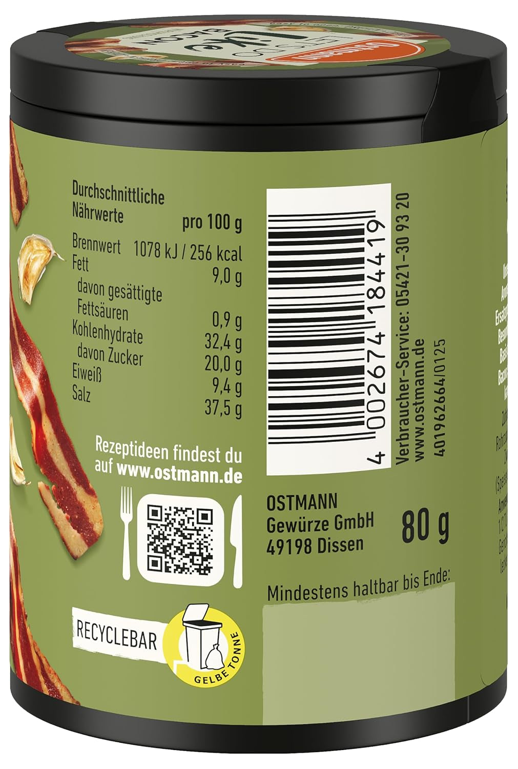 Ostmann Gewürze – Csináljuk, mint a szalonnát | Bacon-Geschmack für ungewürzte Fleischersatzprodukte | Gewürzsalz für Tofu und vegetáriánus/vegán Eintöpfe | 80 g Metalldose recyclebarban