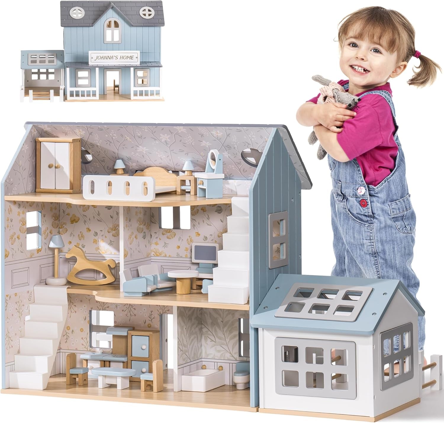 ROBUD Casă de păpuși din lemn, vilă de păpuși cu mobilier, cu lift, garaj, pavilion și piscină, cadou pentru copii de 3, 4, 5, 6 ani și mai mari, roz Casute de papusi Naty Shop Fermă albastră