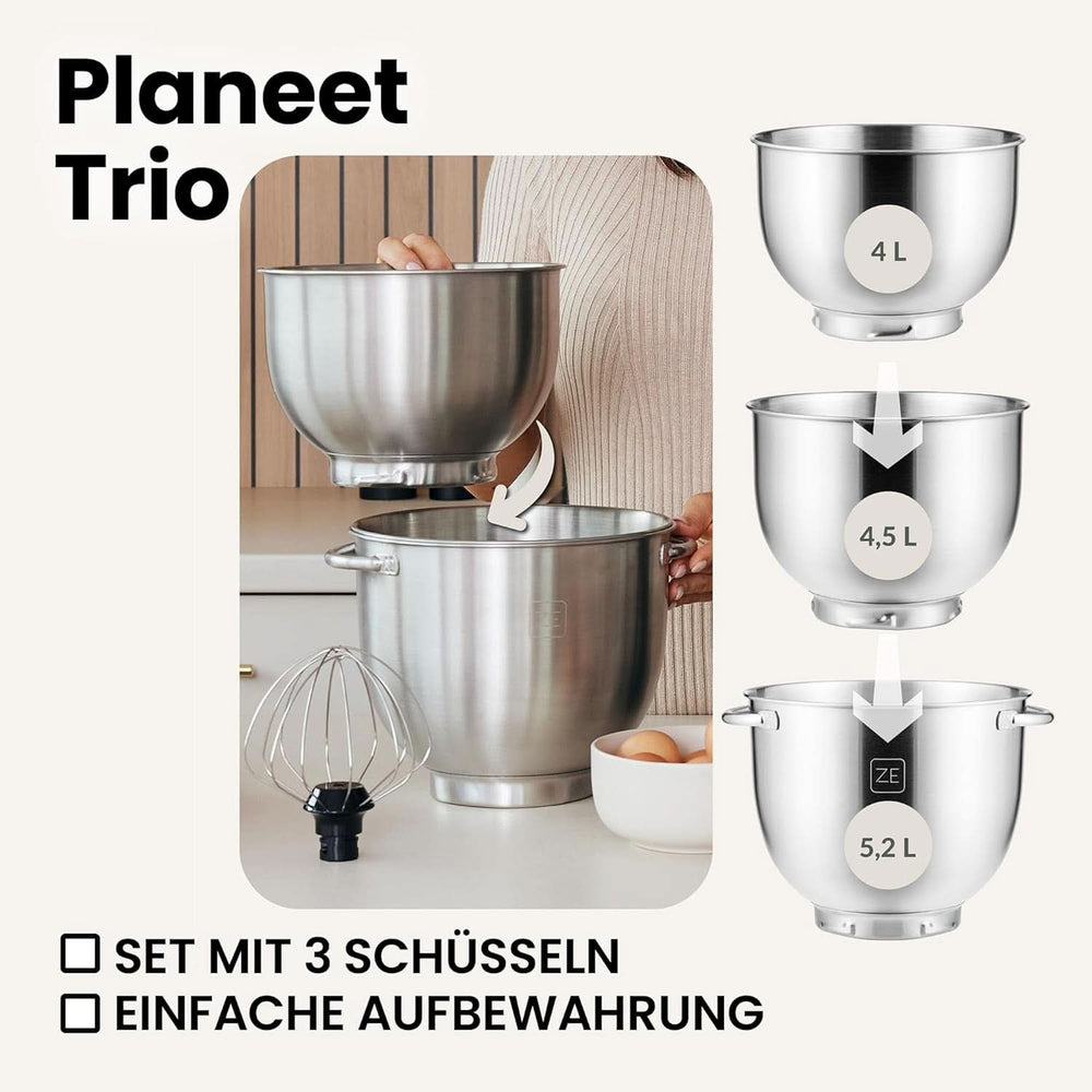 ZEEGMA PLANEET TRIO Planetenroboter, 1500 W, Multifunkcionális Küchenmaschine Mit 3 Schüsseln 4 L, 4,5 L és 5,2 L, 10 Betriebsgeschwindigkeiten, Mixer Mit Haken, Schneebesen (Schwarz) Mother and Child Naty Shop