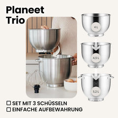 ZEEGMA PLANEET TRIO Planetenroboter, 1500 W, Multifunkcionális Küchenmaschine Mit 3 Schüsseln 4 L, 4,5 L és 5,2 L, 10 Betriebsgeschwindigkeiten, Mixer Mit Haken, Schneebesen (Schwarz) Mother and Child Naty Shop