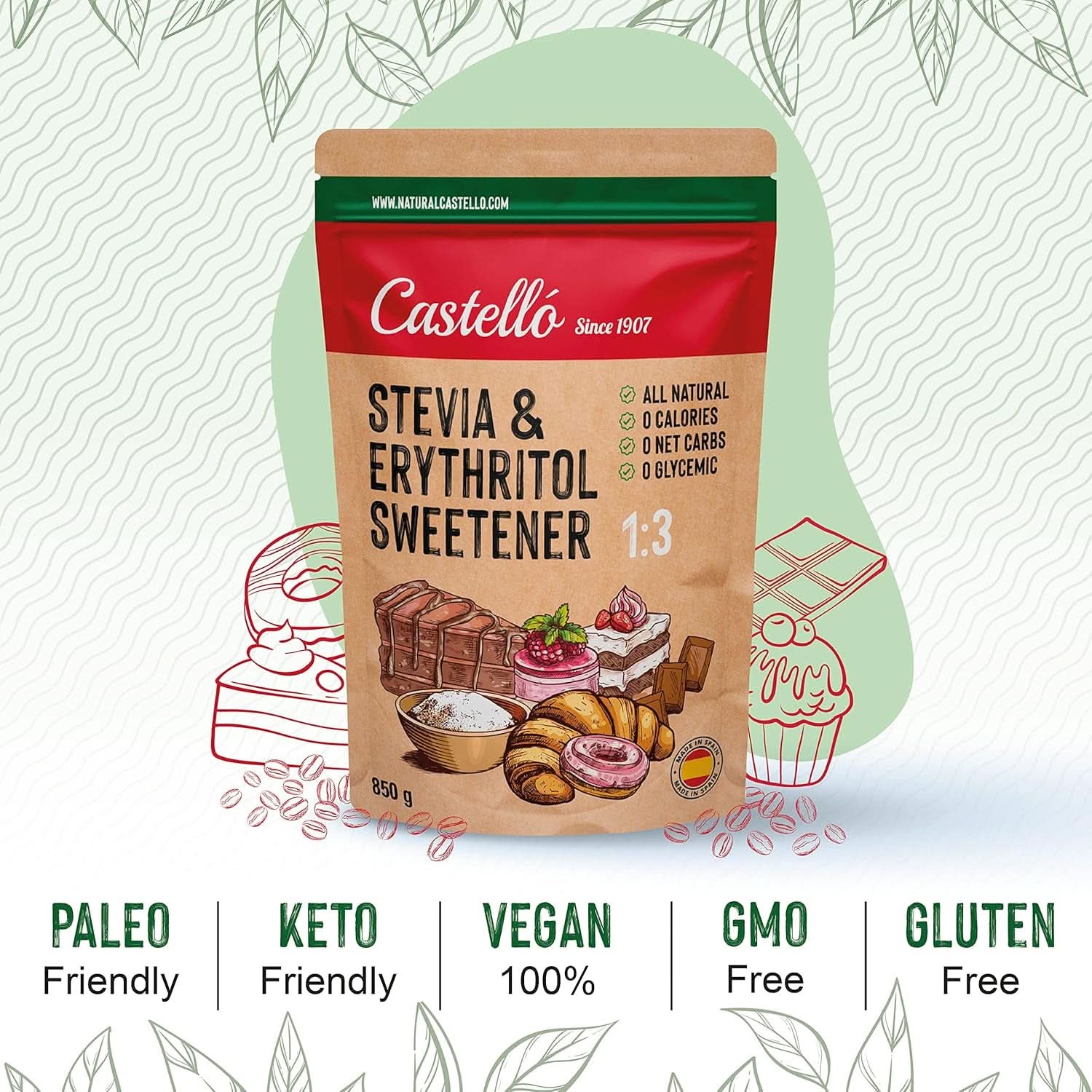 Stevia + Eritrit 1:3 édesítőszer, 1G = 3G cukor, 850 gramm édesítőszer Naty Shop