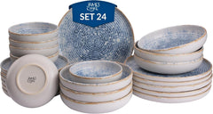 Set de veselă Azure Vintage din gresie pentru 6 persoane - 24 de piese - dungi albe și albastre, suprafață în relief - potrivit pentru mașina de spălat vase, cuptor și cuptor cu microunde