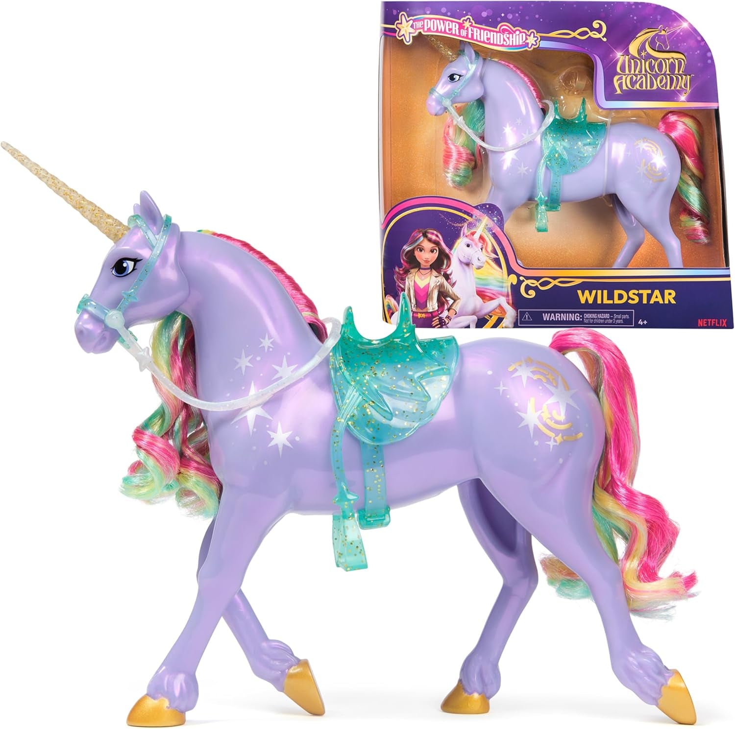 Unicornul Wildstar de la Unicorn Academy - 28 cm înălțime, unicorn original de Sophia din serialul Netflix, cu coamă și coadă reale, frâu și șa detașabile și perie, pentru copii cu vârsta de 4 ani și peste