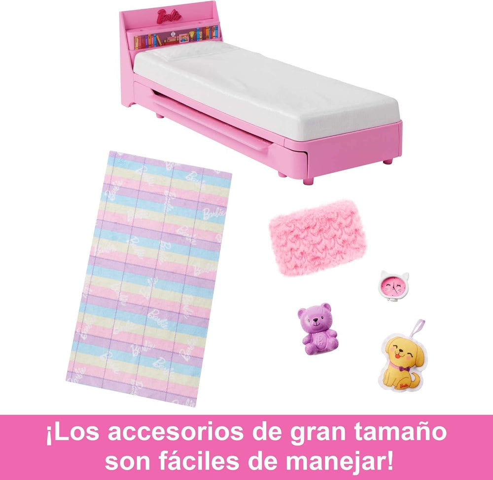 Barbie My First Series, Pat rulant, Pat cu accesorii, Ceas cu alarmă, Ursuleț de pluș, Set negru, Pernă, Păpușă, Cadou pentru copii, Jucării de la 3 ani,Hmm64 Papusi Naty Shop