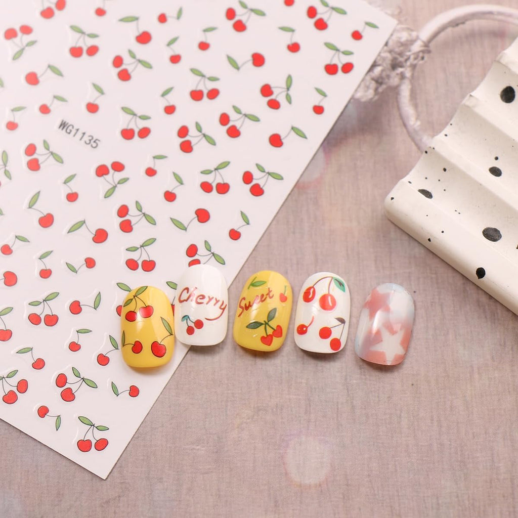 JMEOWIO Nagelsticker Kirschfrucht 6 Blatt Nail Art Sticker Selbstklebend Nagelaufkleber Dekoration Nageldesign Zubehör