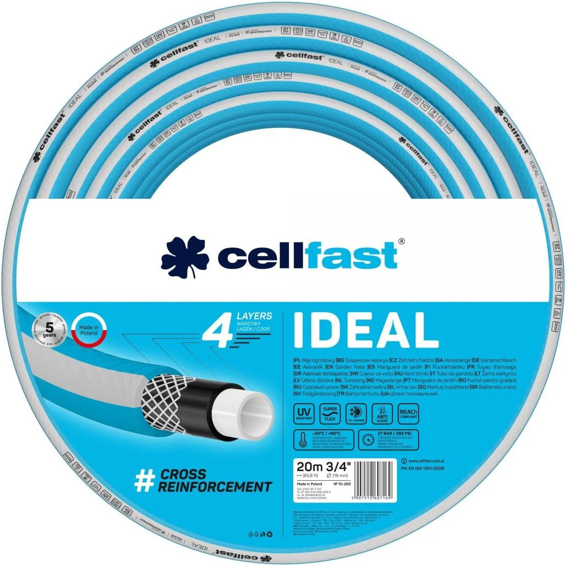 Furtun de grădină Cellfast IDEAL, Durabil, Flexibil, 4 straturi, Împletitură încrucișată durabilă, Rezistent la UV și alge, Tehnologie REACH, 27 bar, -20/+60° pe termen scurt 3/4", 20m