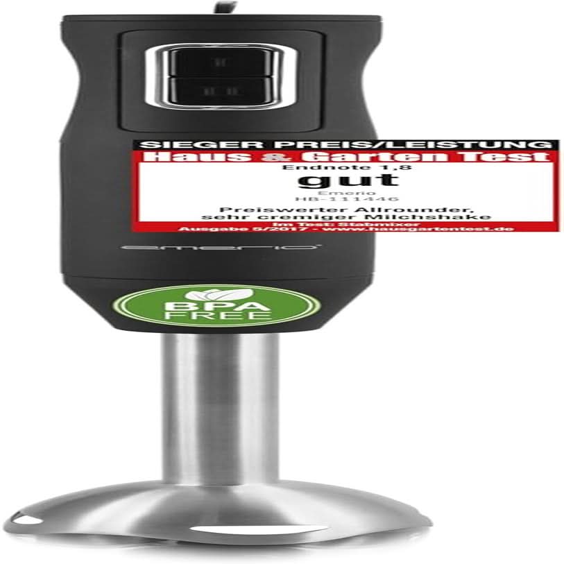 Emerio HB-111446 Állványkeverő, TESTSIEGER Preis/Leistung, Gummierter Rutschfester Griff, Edelstahl, Bpa-Frei, Schwarz, 250W Kitchen Naty Shop 250W