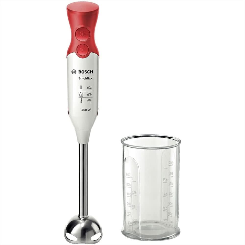 Hausgeräte MSM64110 Ergonomischer Stabmixer Mit Edelstahl-Mixfuß Quattroblade (450 W) Rot, Weiß Bucatarie Naty Shop