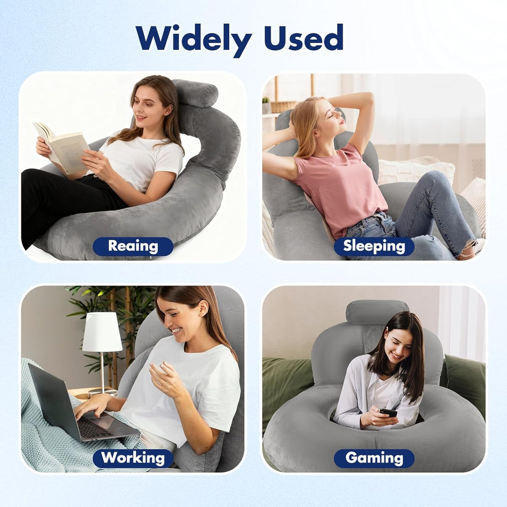 Pernă de citit, pernă de spate în formă de U cu pernă de gât, pernă de gaming gri, pernă pentru citit, joacă, lucru, odihnă