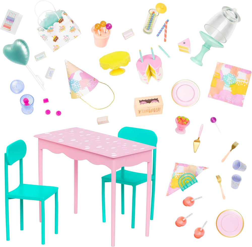 Glitter Girls - GG Surprise születésnapi parti szett és Sashka - Bewegliche 36 cm Puppe Sashka - Überraschungs-Geburtstagsparty-Szett - Tisch & Stühle Möbel - 3 Jahre +