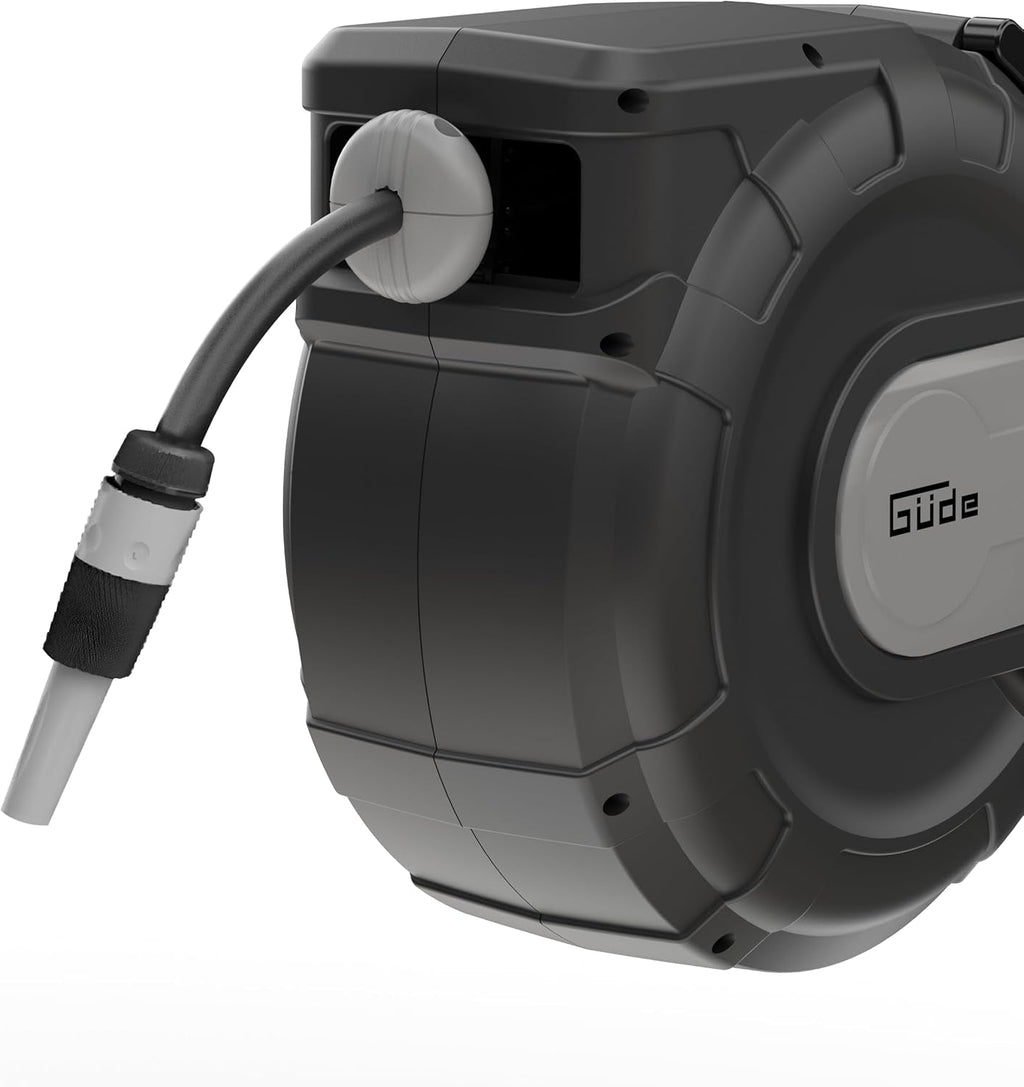 Rolă automată pentru furtun Güde 30-2-2 1/2 (rotație la 180°, pentru montare pe perete, furtun de 30 m, pulverizator de apă, suport de perete, retragere automată, opritor retragere, mâner de transport, 2 cuplaje rapide)