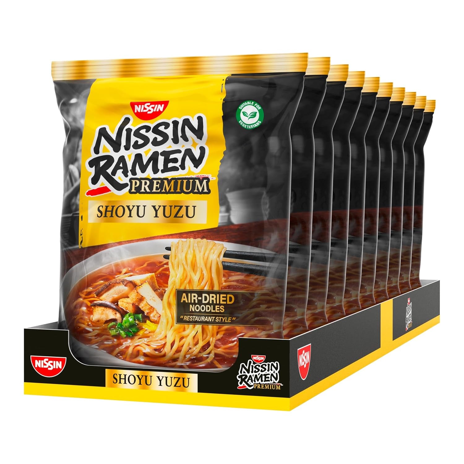 Nissin Ramen Premium - Shoyu Yuzu 10 csomag japán stílusú levegőn szárított instant tészta Yuzu szójaszósszal és szárított póréhagymával (10 x 92,7 g)