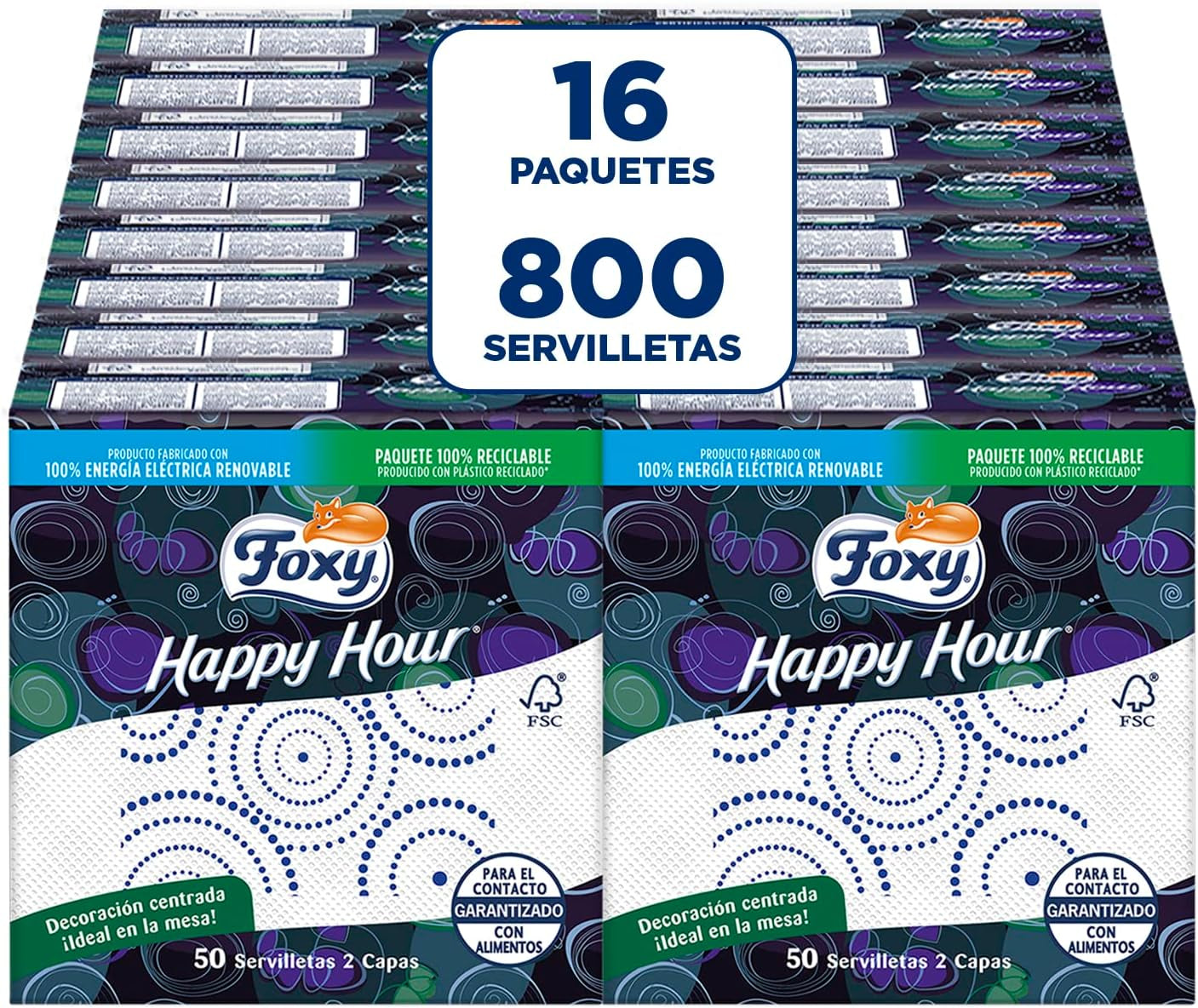 Happy Hour | Șervețele cu două straturi | 16 pachete À 50 bucăți À 33 X 33 Cm | Certificat FSC | 100% energie electrică regenerabilă | Ambalaj reciclabil fabricat din plastic reciclat