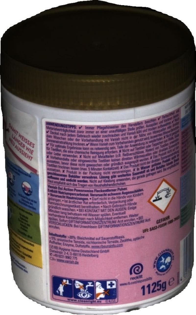 Vanish Oxi Action Powerwhite por - 1 x 1,125 kg - folteltávolító és klórmentes mosodajavító por - fehér ruhákhoz Mosószerek Naty Shop