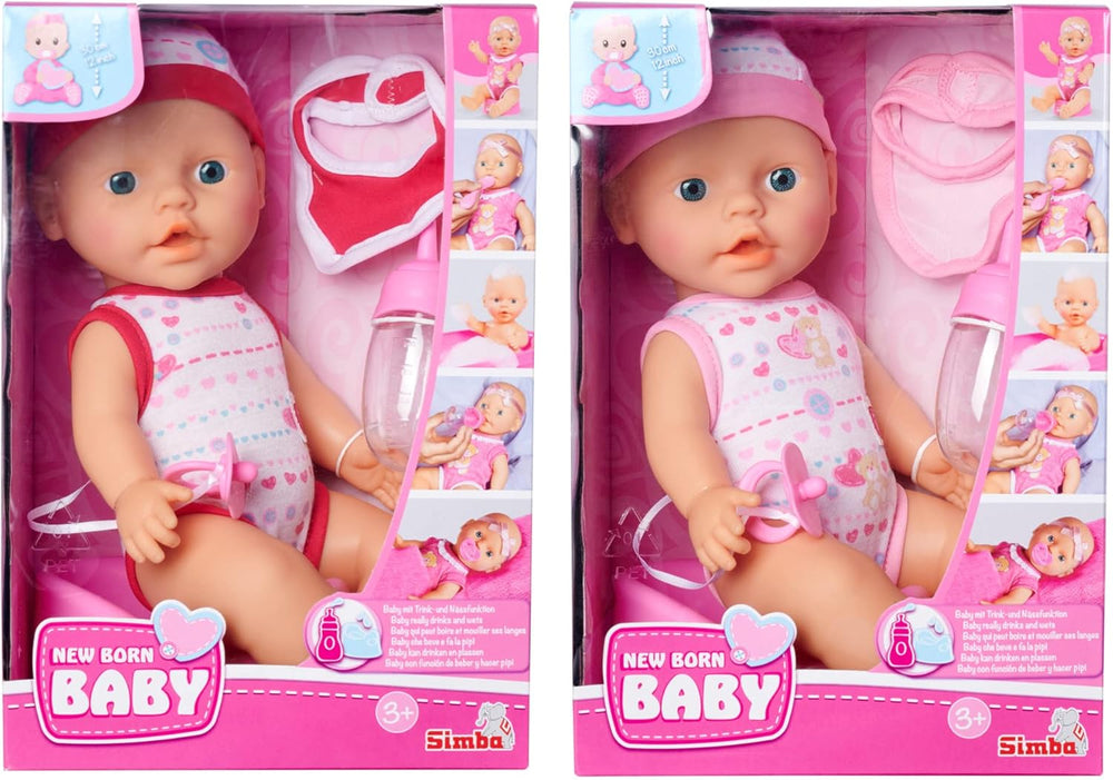 Simba 105037800 - New Born Babyset, 2-fach sortiert, es wird nur ein Artikel geliefert, Vollvinylpuppe mit Trink- und Nässfunktion, Pacifier, Flasche, Topf und Lätzchen, 30 cm, max 3 év